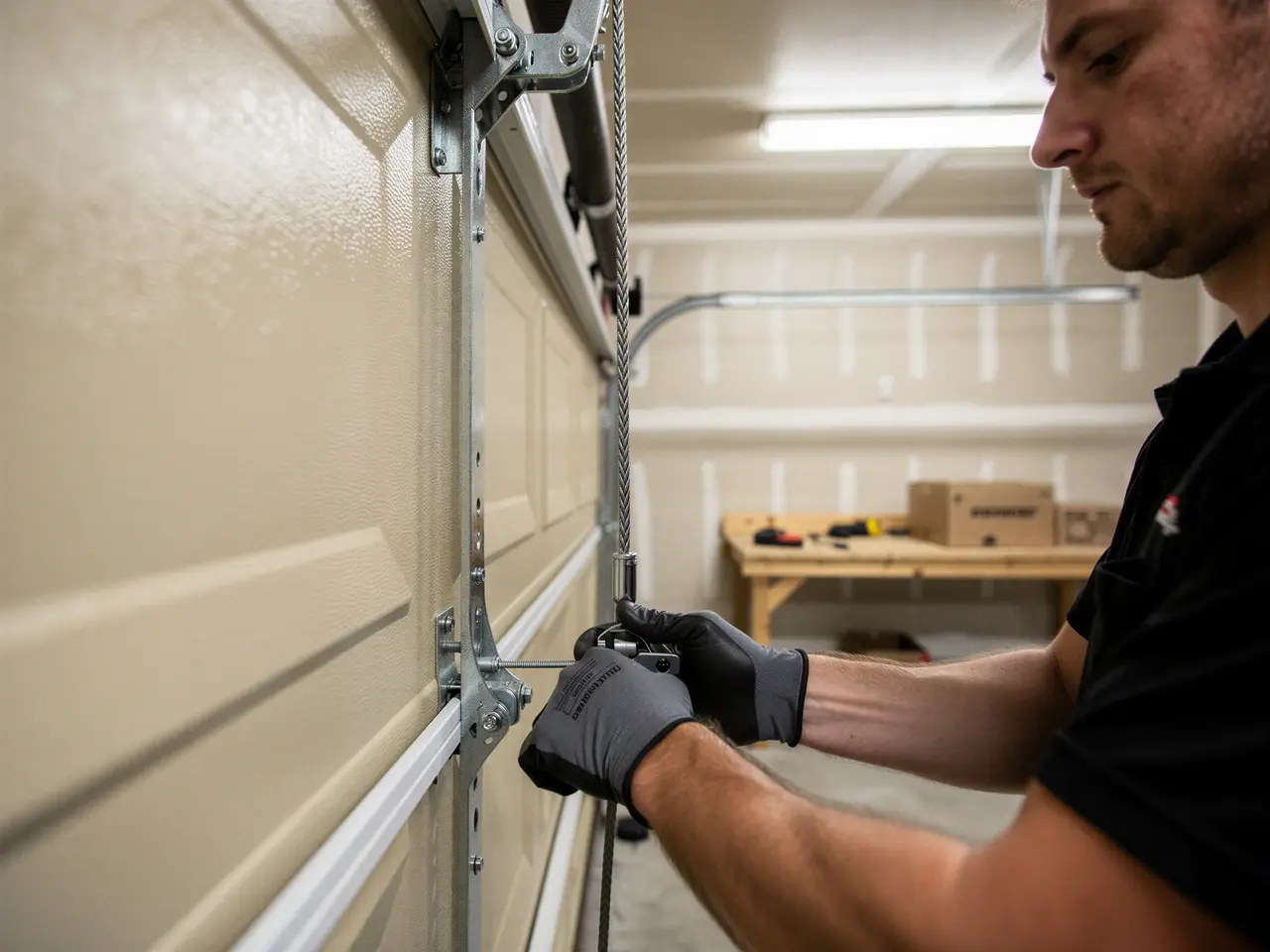 A technician in gloves works on the beige garage door.