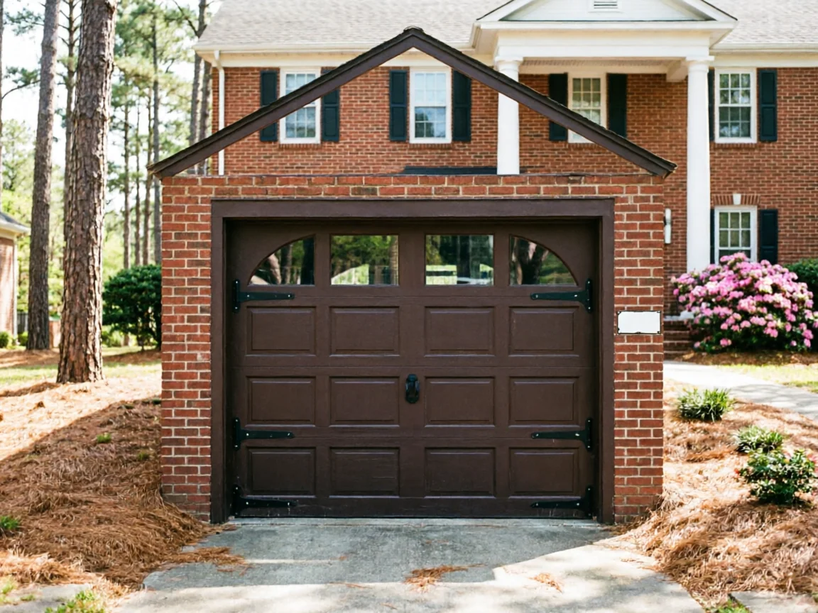 A brown garage door with windows and decorative hardware on a brick house.