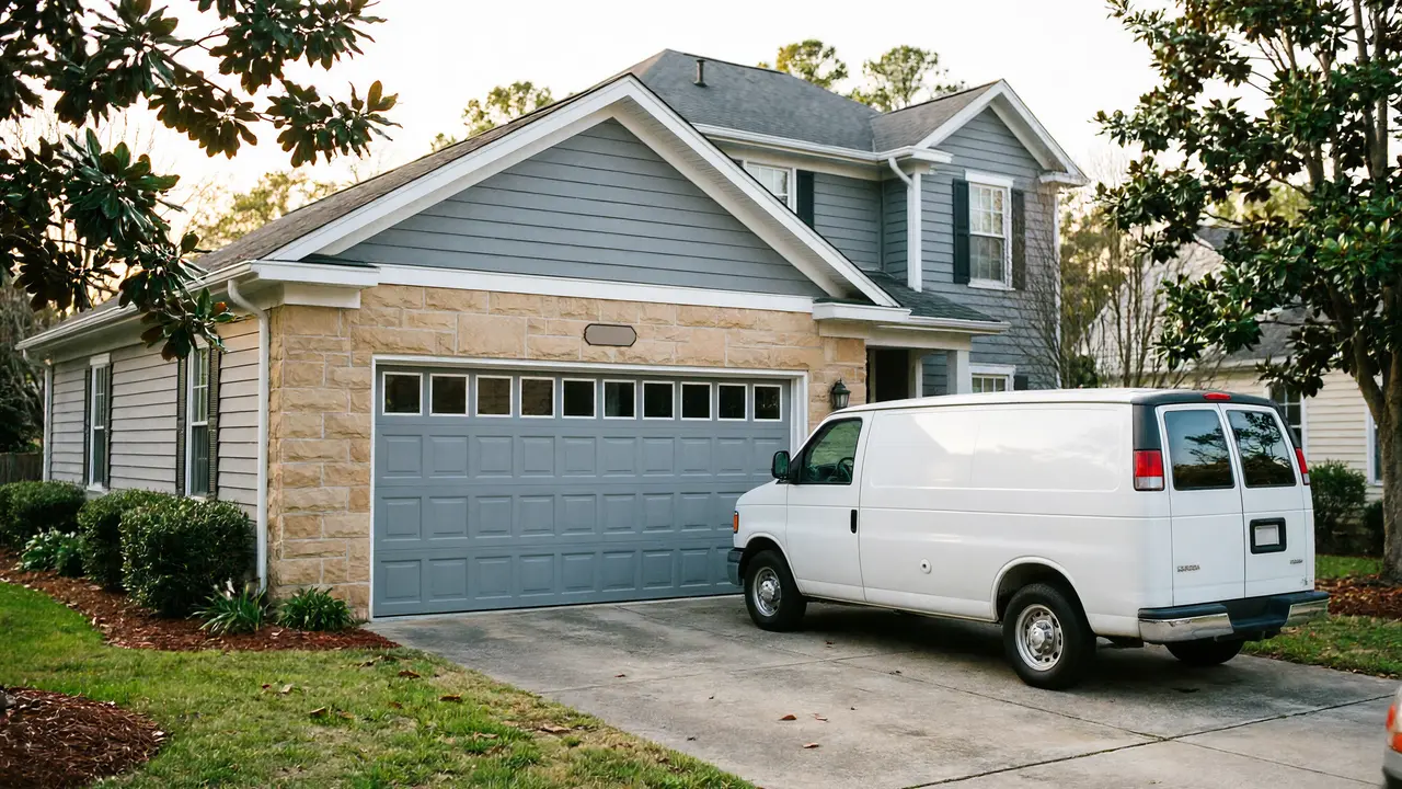 Installer on a ladder replacing double garage doors on a brick home, work van in the driveway