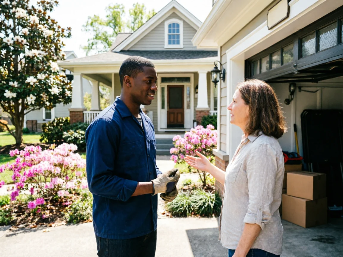 A technician talks to a woman in front of a house with a garage door.