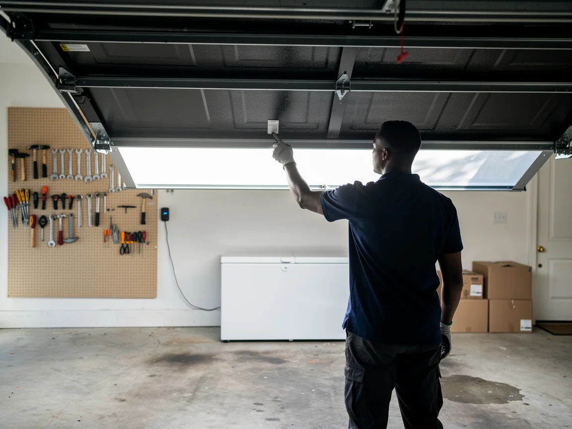 A technician in a blue shirt is inspecting the inside of an open garage door.