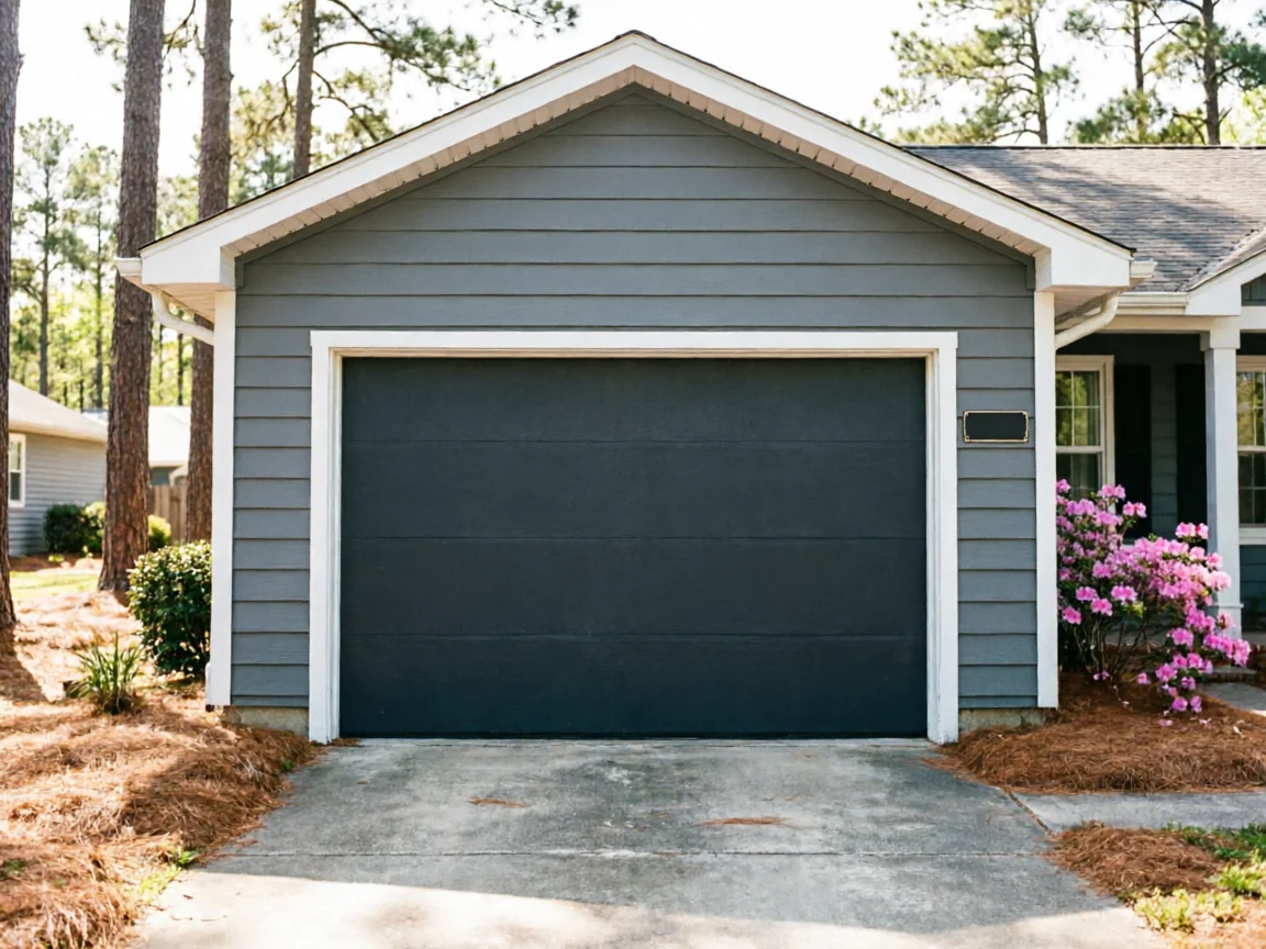 A gray house with a dark gray garage door and pink flowers in front.